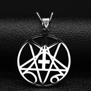 Close-up of silver steel pendant with pentagram and 666 engraving on black leather
