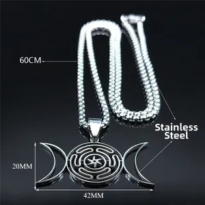 Polished silver stainless steel Hecate's wheel and triple moon pendant necklace on a 60cm chain