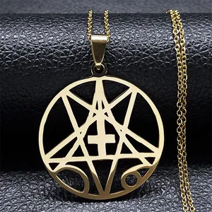 Gold stainless steel necklace with hollow pentagram inverted cross and 666 pendant detail