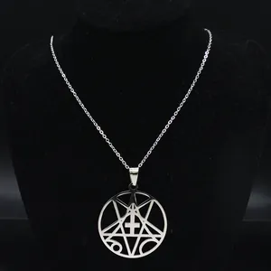 Detailed close-up of Gothic silver necklace with 666 pentagram pendant on a display