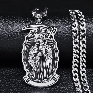 Collier Pendentif Faucheuse En Acier Inoxydable Avec Maille Gourmette Bijoux Gothique Punk Crâne Faux Bouclier Pour Hommes