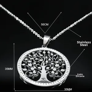 Stainless steel Tree of Life pendant necklace with rhinestones, 35mm pendant size