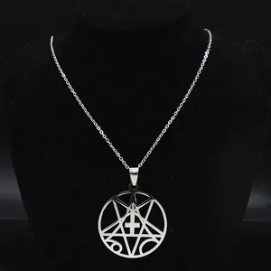Silver gothic necklace with pentagram and inverted cross pendant on black display stand