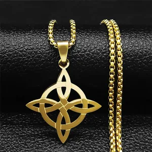 Golden stainless steel Witch's Knot pendant necklace on black textured background