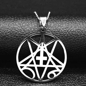 Polished silver stainless steel pentagram and inverted cross pendant necklace with 666