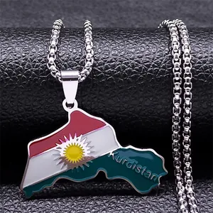Collier Pendentif Carte du Kurdistan en Acier Inoxydable Émail Drapeau Soleil Motif Bijoux Rétro Unisexe Chaîne Maille Miroir