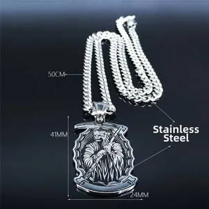 Collier pendentif bouclier crâne faucheuse style sombre en acier inoxydable poli
