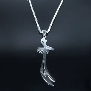 Polished stainless steel Imam Ali sword pendant with twisted chain on a black reflective background