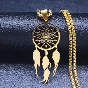 Bohemian Stainless Steel Dreamcatcher Feather Pendant Necklace Long Box Chain Exotic Vintage Jewelry For Men Women Gift