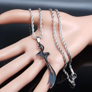 Silver Zulfiqar sword pendant necklace for men with twisted rope chain in stainless steel