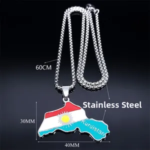 Collier pendentif carte du Kurdistan en acier inoxydable avec drapeau et chaîne 60cm
