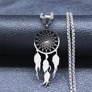 Detailed macro view of bohemian dreamcatcher pendant with silver feathers and box chain