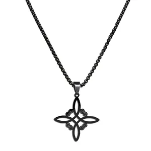Zwarte roestvrijstalen heksenknoop ketting met Keltisch kruis hanger op weefketting