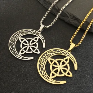Edelstahl Keltischer Knoten Halbmond Anhänger Halskette Wikinger Nordisch Hexe Knoten Vintage Schmuck Für Herren Damen Geschenk