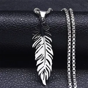 Vintage Stainless Steel Feather Pendant Necklace For Men Women Hip Hop Punk Style Polished Silver Tone Box Chain Jewelry