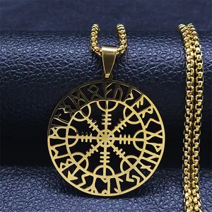 Detail of gold Viking Vegvisir compass pendant with Runes on black leather background