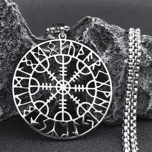 Nordic Viking Vegvisir compass pendant necklace made of stainless steel on dark rock