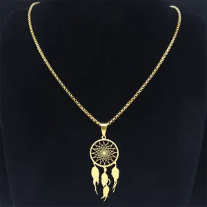 Bohemian gold stainless steel dreamcatcher necklace with delicate feather pendants on a bust