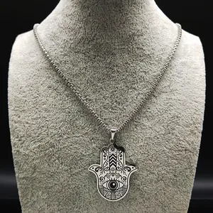 Collier Main de Fatima vintage en acier inoxydable avec gravure Œil et chaîne carrée