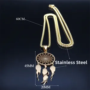 Bohemian stainless steel dreamcatcher necklace with feathers and a 60cm chain length