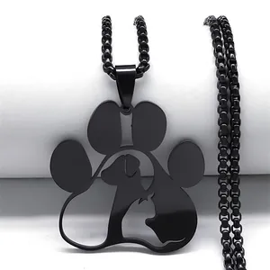 Close-up of black box chain necklace with a hollow paw print cat and dog silhouette pendant