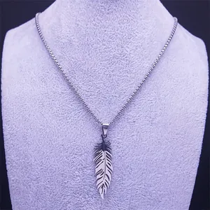 Macro view of detailed feather pendant with silver metal texture on neck display