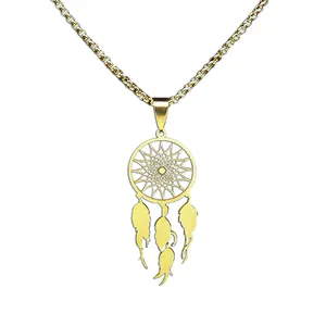 Bohemian gold dreamcatcher necklace with three metal feathers and intricate woven pendant