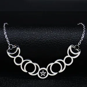 Gothic Stainless Steel Moon Phase Pentagram Hollow Pendant Necklace Witchcraft Mystical Boho Jewelry For Men Women