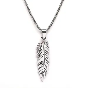 Polished stainless steel feather pendant necklace with box chain for men on white background