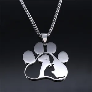 Polished silver pet paw necklace with cat and dog silhouette pendant on cuban chain