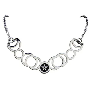 Witchcraft pentagram moon phase necklace in silver stainless steel on white background