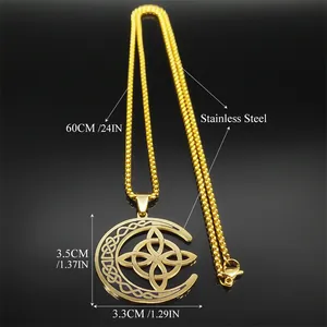 Goldene Edelstahl Mond-Keltenknoten-Halskette mit 60cm Kette für Damen Schmuck