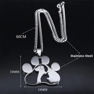 Stainless steel 60cm necklace with a 34mm cutout cat and dog paw print pendant