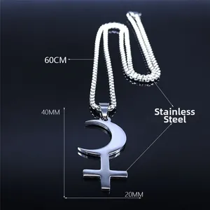 Vintage stainless steel moon cross pendant necklace with 60cm box chain for women and men