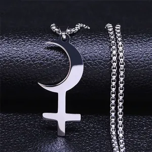 Vintage Stainless Steel Lilith Symbol Pendant Necklace Moon Cross Astrology Gothic Jewelry For Men Women Unisex Accessory