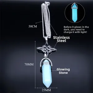 Glow in the dark hexagonal crystal pillar necklace with Irish knot cross pendant in steel