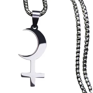 Polished stainless steel Lilith moon cross necklace with silver finish on white background