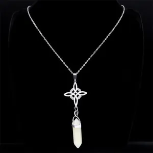 Detailed view of silver Witch's Knot necklace with white hexagonal crystal pendant