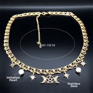 Collar diosa triple luna de acero inoxidable dorado con estrellas y perlas de imitación