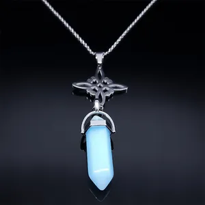 Hexagonal blue opal pendant necklace with Celtic witch knot and silver chain in dark studio light