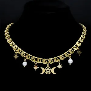 Collar de Pentagrama de la Diosa de la Triple Luna Hécate de Acero Inoxidable Estrella Celestial Perla de Imitación Colgante Gótico Joyería para Mujer