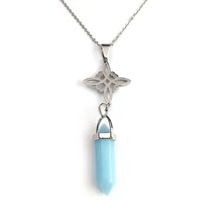Celtic knot necklace with light blue hexagonal crystal column pendant on white background