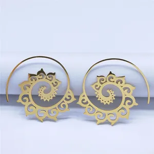 Boucles d'oreilles spirales bohèmes en acier doré avec motifs mandala complexes