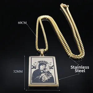 Goldene Jungfrau Maria Quadratanhänger-Halskette aus Edelstahl mit 60cm Box-Kette