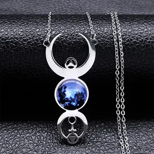 Collier Pendentif Déesse de la Triple Lune en Acier Inoxydable Vintage Verre Ciel Étoilé Bijoux Hecate Wicca