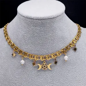 Collar de la diosa de la triple luna dorada con colgante de estrella pentagrama