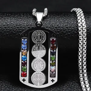 Collar Con Colgante De Medalla De San Benito De Acero Inoxidable Con Diamantes De Imitación Coloridos Joyería Religiosa Hip Hop