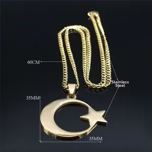 Collar de acero inoxidable dorado con colgante de luna estrella y cadena de 60cm unisex
