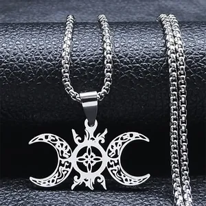 Triple Moon Goddess pentagram pendant necklace in silver stainless steel on black leather
