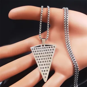Detailed macro of silver stainless steel Abracadabra inverted triangle pendant on bead chain